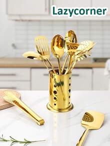 11pcs Stainless Steel Kitchen Wall-Mounted Utensil Set, With Storage Bucket To Save Space, Includes Spoon, Spatula, Ladle, Tongs, Meat Fork, Potato Masher, Whisk, Cooking & Baking Tools, Suitable For Home Kitchen & Dining - Gold - View 3