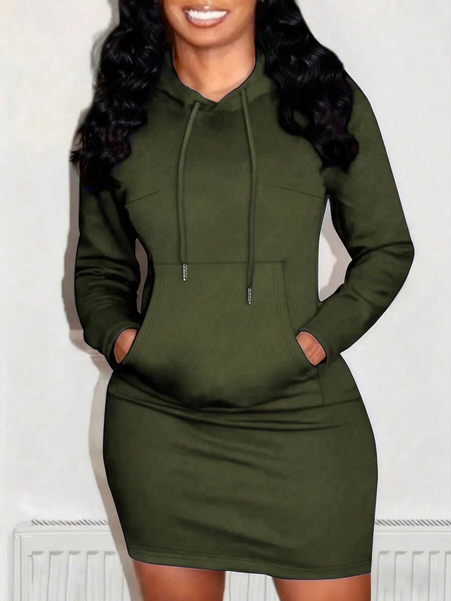 Women's Solid Color Hooded Neck Long Sleeve Sweatshirt With Pockets - Army Green - View 1