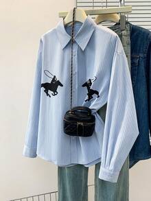 Women's Summer Striped Shirt With Funny Knight Water Print, Casual Blouse