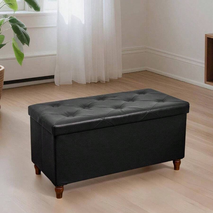30 Inches Storage Ottoman With Wooden, Faux Leather Folding Ottoman Foot Rest, Storage Living Room, Hallway Bedroom, Upgrade Large Capacity Engineered Wood, Brown - Đen + Gỗ công nghiệp - Xem 1