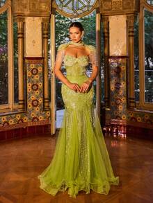 Vestido de noche de lentejuelas de lujo para mujer, vestido largo de sirena con cola - Vestido de fiesta formal de alta gama, vestido de invitada de boda, vestido de graduación con cristales bordados a mano, vestido de cóctel, vestido largo brillante para celebración de Eid en Oriente Medio/Árabe, elegante vestido de noche con brillo para mujer primaveral - Verde - Ver 3