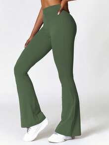 سروال يوجا بلون أساسي ذو رقبة على شكل V مثير، سروال يوجا رافع للأرداف للتمارين الرياضية في النادي، للنساء - أخضر عسكري - مشاهدة 3