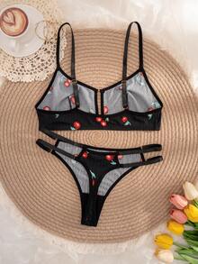 1 套女士纯色樱桃印花舒适内衣套装 - 黑色 - 查看 2