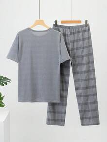 2pcs Men's Lightweight Pajama Set, Short Sleeve Top And Long Pants, Men's Spring/Summer Plaid Striped Loungewear Set - Grey - View 2