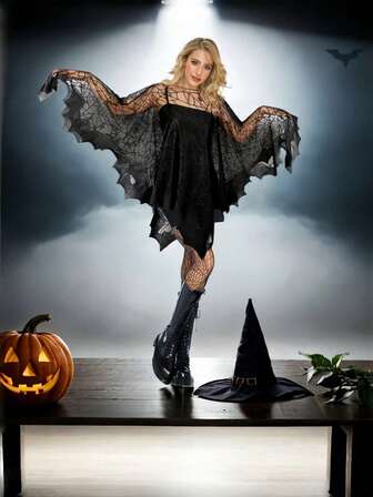 1 件万圣节斗篷黑色蕾丝蜘蛛网/骷髅斗篷万圣节服装，亡灵节服装