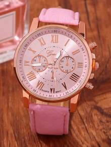 6件套女士石英表套装，包括手表、手链、项链、戒指和耳环，玫瑰金表壳搭配粉色水晶心形设计，粉色皮表带，罗马数字表盘。 - 彩色 - 查看 5