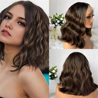 New In Short Wave Bob Ombre Brown Mixed Blonde Synthetic Lace Front Wig Middle Part Glueless Wig For Women 14 Inches