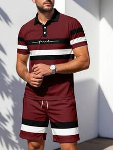 男士撞色条纹字母印花 Polo 衫和短裤套装 - 彩色 - 查看 3