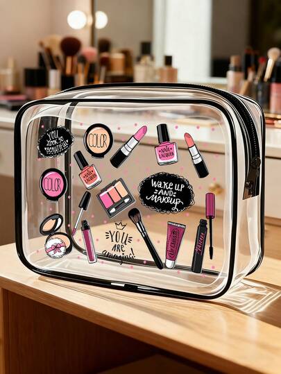 New Skincare Pattern Print PVC Toiletry Bags, PVC Travel Organizer Pouch With Zipper Closure - Lightweight Fade-Resistant Makeup & Toiletry Bag For Women & Girls, Portable Cosmetic Case, Easy Wipe-Clean Design, Cosmetic Bag For Mother, Teacher, Friend, Nurse, Cosmetic Bag, Gift Bag For Female Friends,Travel Essentials Bag For School Vacation Holiday Back To School Supplies Wash Bag Waterproof Toiletry Bag