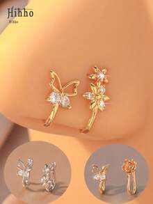 Hihho 2pcs Copper Butterfly & Flower Shaped Fake Nose Clip, Gift For Women To Party, Birthday, Valentine's Day, Mother's Day, Mothers - Yellow Gold - View 1