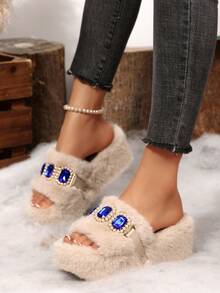 Women's Slip-On House Slippers With Blue Gem Decor, Thick Plush Lining, Elegant Wedge Heel, Suitable For Indoor And Outdoor Wear, Autumn/Winter - Beige - View 3