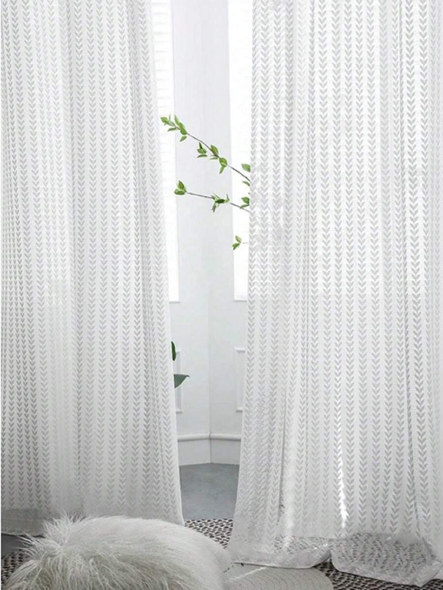 1件田园风叶子提花薄纱窗帘，现代简约窗帘 - 白色 - 查看 1