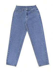 Black & Grey Harajuku Style Loose Fit High Waist Wide Leg Jeans, Comfortable Mom Jeans - Medium Wash - View 3