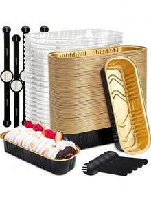 100 piezas/Set Mini molde para tostadas con tapa y cuchara, 100 piezas, rosa, 200 ml, bandeja de hornear rectangular de aluminio - rectángulo - Ver 6