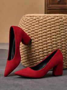 MonaNise Women's Pointed Toe 7cm Chunky High Heel Casual Party Dress Pumps, Versatile For All Seasons - Red - View 6