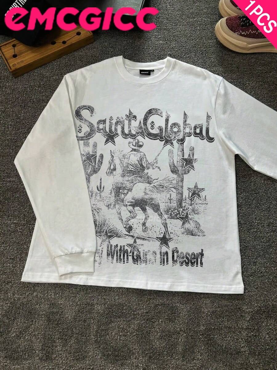 EMCGICC Manfinity Y2k Long Sleeve Shirts ,Art Punk Graphic T Shirt Cotton 250g,Fashionable Hip-Hop For Men - Long Sleeve T-Shirts, Art Punk Funny Vintage Shirts,Regular Fit, Street Style, Digital Print, Ideal Gift - 白色 - 查看 1