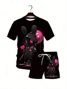Halloween Doll Balloon Pattern 3D Digital Print New Summer Men'S Top And Pants Set Outdoor Casual Sportswear With Drawstring Round Neck Short Sleeve T-Shirt And Shorts Loose Street Style Running Outfit - 彩色 - 查看 2