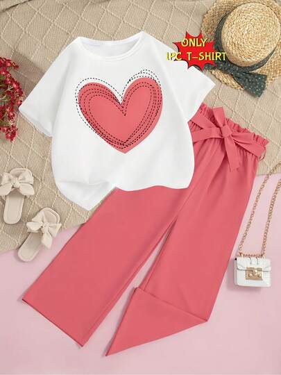 Camiseta 100% Algodón, Patrón de Corazón Rosa, Camiseta de una sola pieza para niña - Mezcla de poliéster suave, manga corta, cuello redondo - Moda casual, ajuste cómodo tipo pullover para niños - Elección perfecta para primavera, verano y otoño, ropa de moda solo camiseta, sin pantalones, no es un conjunto, adecuado para combinar con shorts para niños y niñas, múltiples tamaños disponibles