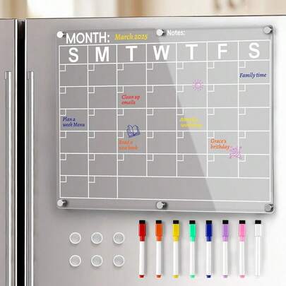 Large Acrylic Magnetic Calendar For Refrigerator, Clear Fridge Calendar With 8 Color Markers, Monthly Planning Board For Business Meetings/Anniversary/Shopping List, Dry Erase - 14.5 * 11.5'',MonthlyPlanner-B