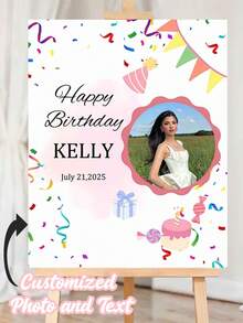 Cartel de bienvenida de cumpleaños personalizado - Personalizado con nombre, foto/texto/número/fecha, pancarta de entrada de plástico DIY para decoración de fiesta, telón de fondo para baby shower y fiesta de cumpleaños con etiqueta de nombre (fácil de instalar) - Multicolor - Ver 2