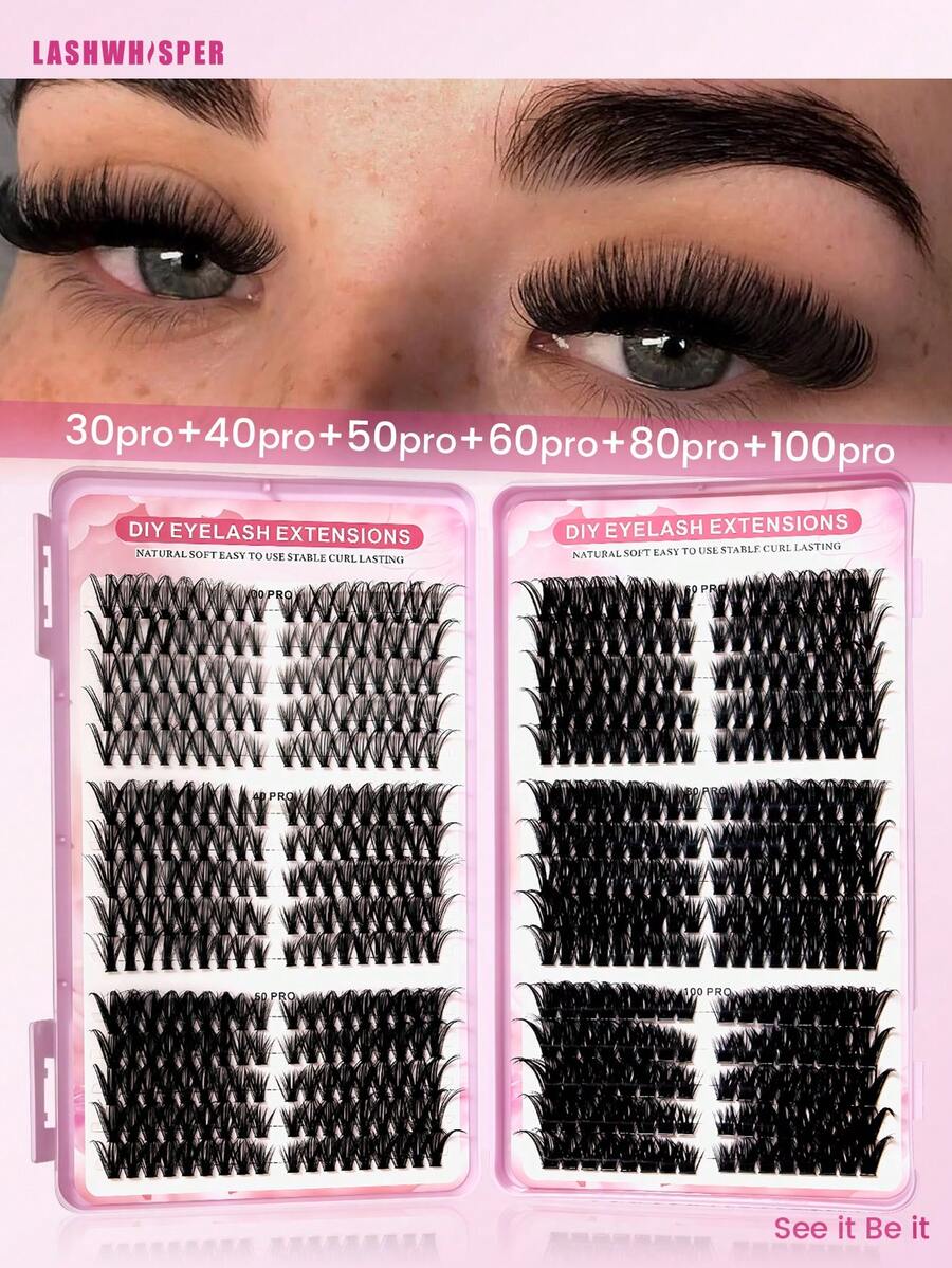 560 piezas de racimos de pestañas DIY 40D/50D/60D/80D Rizo D 9-16mm Aspecto natural Suave y ligero Pestañas individuales reutilizables con brochas para maquillaje diario - Rosa - Ver 1