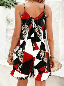 Women's Geometric Print Pocketed Loose Casual Romper Summer Elegant - Red - View 8