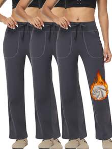 3 Pieces Of Women's Casual Solid Color Drawstring Waist Sports Pants, Women's Solid Color Thermal Insulation Pants, Sports Yoga Pants, Casual Sports Pants, Outdoor Sports Pants, Wide Leg High Waist Side Pocket Casual Pants, Autumn And Winter Daily Casual Graduation And School Clothes, Female Teacher Clothes - 灰色 - 查看 2