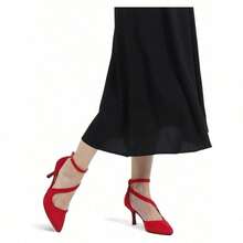 Sexy Crystal Ankle Strap Pointed Toe Stiletto Pumps – Elegant Wedding & Party Shoes For Women, New Arrival Heels - 紅色絨面革 - 查看 3
