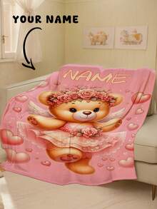 1pc Customizable Text Blanket, Teddy Bear Pattern, Personalized Blanket, Personalized Baby Blanket, Newborn Blanket, Suitable For Mother's Day, Birthday, Children's Day, Father's Day, Graduation, Christmas, Halloween, Applicable To Home Sofa, Bed, Car, Bedroom, Living Room, Sofa Blanket, Children's Blanket - Multicolor - View 5