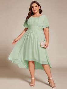 EVERPRETTY Robe de demoiselle d'honneur en mousseline élégante à col rond, manches courtes, ourlet asymétrique, taille haute. Convient pour les mariages et les fêtes de printemps, grande taille - Vert menthe - Voir 5