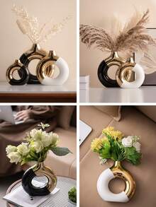 Conjunto de Vasos de Cerâmica: Vasos grandes e pequenos na cor platina, ideais para decoração minimalista moderna, vaso em formato de rosca, vaso de junco em estilo nórdico, vaso para armazenamento de flores artificiais, perfeito para centro de mesa na sala de estar, decoração de mesa de jantar, decoração de mesa de centro, decoração de escritório ou quarto, presente de Natal, presente de Dia dos Namorados, presente de Ano Novo Chinês, decoração de Natal, decoração de casamento, acessórios para casa. - Branco - Ver 6