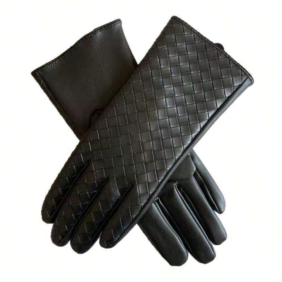 Hand-Woven Plaid Cold-Proof Leather Gloves For Women Winter Warm Riding Fleece-Lined Waterproof Touchscreen Woven Texture Leather Gloves, Full Of High-End Feel ~ Exquisite Woven Texture With Texture, Leather Material Shows Elegance, Suitable For Autumn And Winter Warmth And Can Be Used As Accessories, Suitable For Daily Wear And Commuting, Easily Enhances Outfit Style - Black - View 1