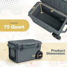 COSTWAY 75 Qt Portable Cooler Roto Molded Ice Chest Insulated 5-7 Days With Wheels Handle Charcoal/Tan - Charcoal - View 2