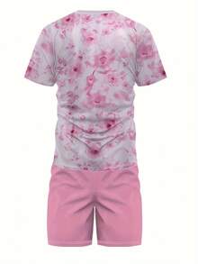 2pcs Men'S Pink Floral Set - Comfortable Short - Sleeve & Shorts, 3D Printed, Machine - Washable, Quick - Dry For Summer Leisure, Casual Style, Regular Fit, With Drawstring - Mixed Colors - View 6
