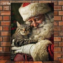 Arte en lienzo con marco de madera de Santa Claus y Tabby - Decoración de pared clásica con santo blanco, beso lindo, póster navideño pre-montado para el hogar, dormitorio, baño - Reutilizable todo el año (sin herramientas necesarias), plano 2D, decoración - Multicolor - Ver 4