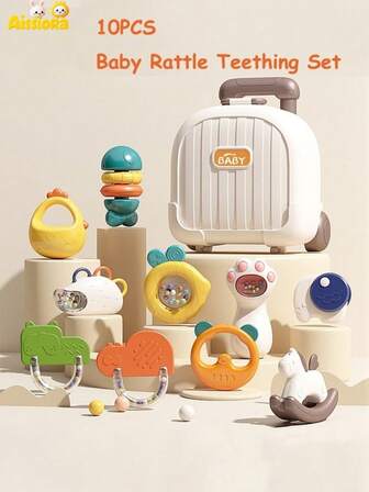 10件套婴儿摇铃磨牙玩具套装，带旅行收纳盒 - 婴儿磨牙玩具，促进感官发育，缓解出牙不适，方便户外使用