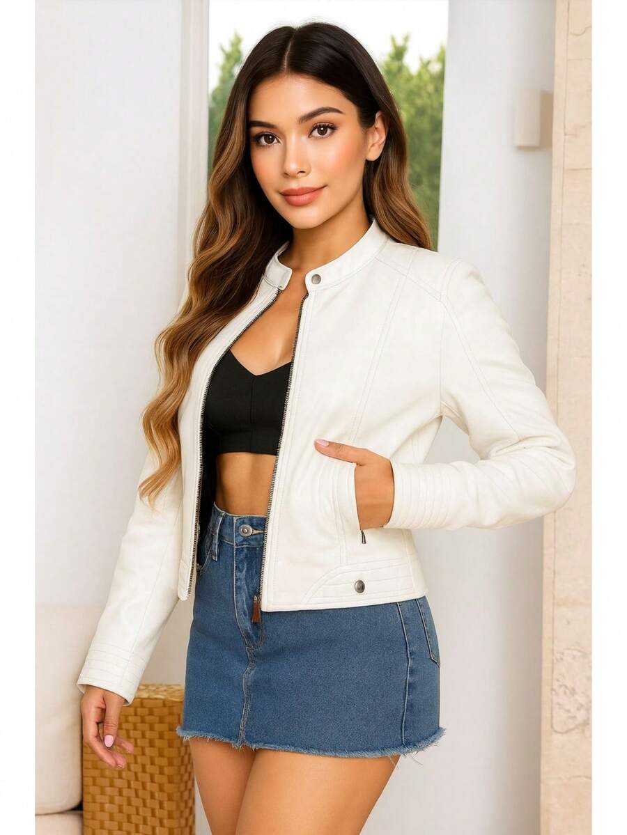 Women's Elegant Fitted Leather Jacket, Casual, PU Leather, Zipper, Night/Daily, Winter - 白色 - 查看 1