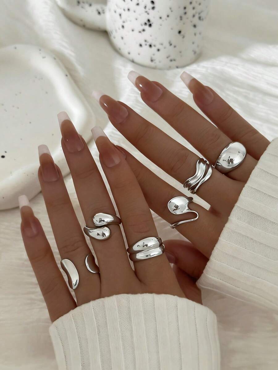 6 piezas Anillos lisos asimétricos de oro líquido, anillos versátiles y únicos para mujeres - Plateado - Ver 1