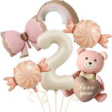 1 Set de decoraciones con globos de aluminio con diseños de oso de peluche, corazón, caramelo, moño y arcoíris para fiesta de cumpleaños, decoración del hogar - Multicolor - Ver 21