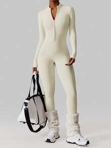 MFVIM Women's Cream White Thermal Ski Jumpsuit, Half-Zip Stand Collar Design, Slim Fit, Abdominal Control, Breathable Soft Fabric, Casual Sports, Running, Fitness, Suitable For Skiing, Commuting, Outdoor, Running, Cycling, Yoga, Pilates, Gym Workout