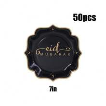 10/20/40/50个，黑金开斋节纸盘，白色扇形开斋节甜点盘，开斋节餐盘，2026年开斋节和斋月派对节日装饰餐具，扇形蛋糕盘，适合斋月、开斋节、派对装饰 - 黑色 - 查看 9