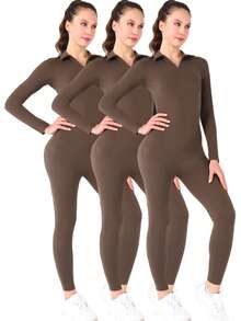 3 Pieces Of Women's Sports Solid Color POLO Collar Zipper Long Sleeved Slim Fit Jumpsuit, Suitable For Sports Yoga, Running, Fitness, Daily Leisure, And All Seasons - 咖啡棕 - 查看 1