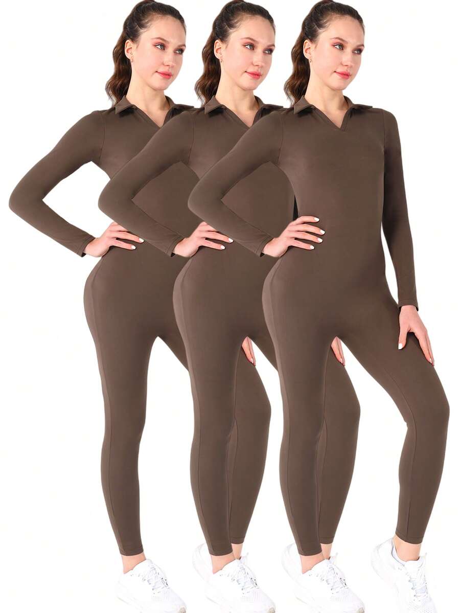 3 Pieces Of Women's Sports Solid Color POLO Collar Zipper Long Sleeved Slim Fit Jumpsuit, Suitable For Sports Yoga, Running, Fitness, Daily Leisure, And All Seasons - 咖啡棕 - 查看 1