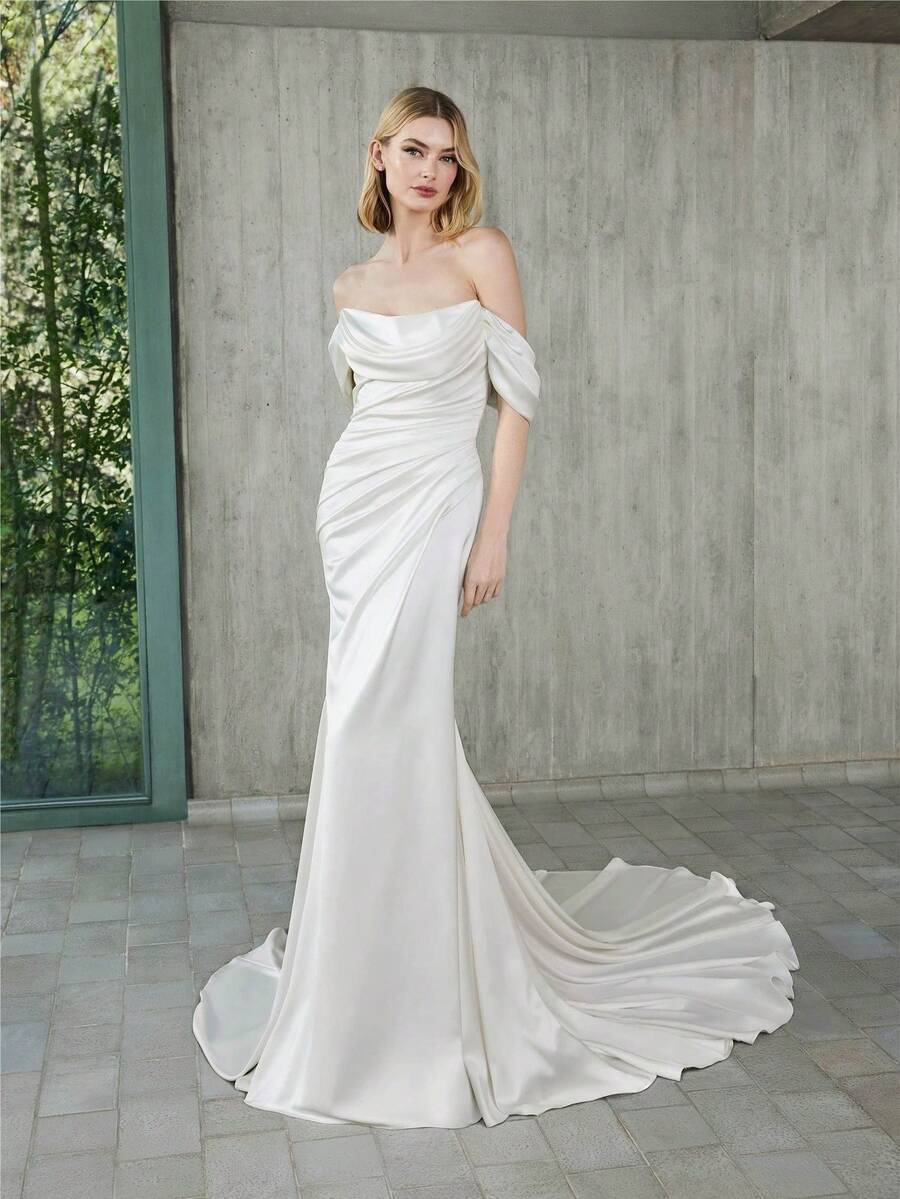 Off-Shoulder Backless Mermaid Wedding Gown With Graceful Floor-Length Hem And Sculpted Silhouette – Modern Bridal Dress With Elegant Train For Weddings, Christmas Events, Halloween Celebrations, Proms, Birthday Parties, Evening Galas, Engagement Dinners, Anniversary Banquets, Holiday Gatherings, Outdoor Ceremonies, Photoshoots, Stage Performances, And Special Occasions - 白色 - 查看 1