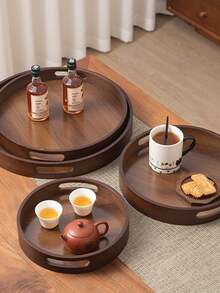 1 Khay tròn bằng gỗ óc chó có tay cầm, thích hợp đựng đồ ăn nhẹ, bánh ngọt, món khai vị, sử dụng đa năng - Quả óc chó - Xem 5
