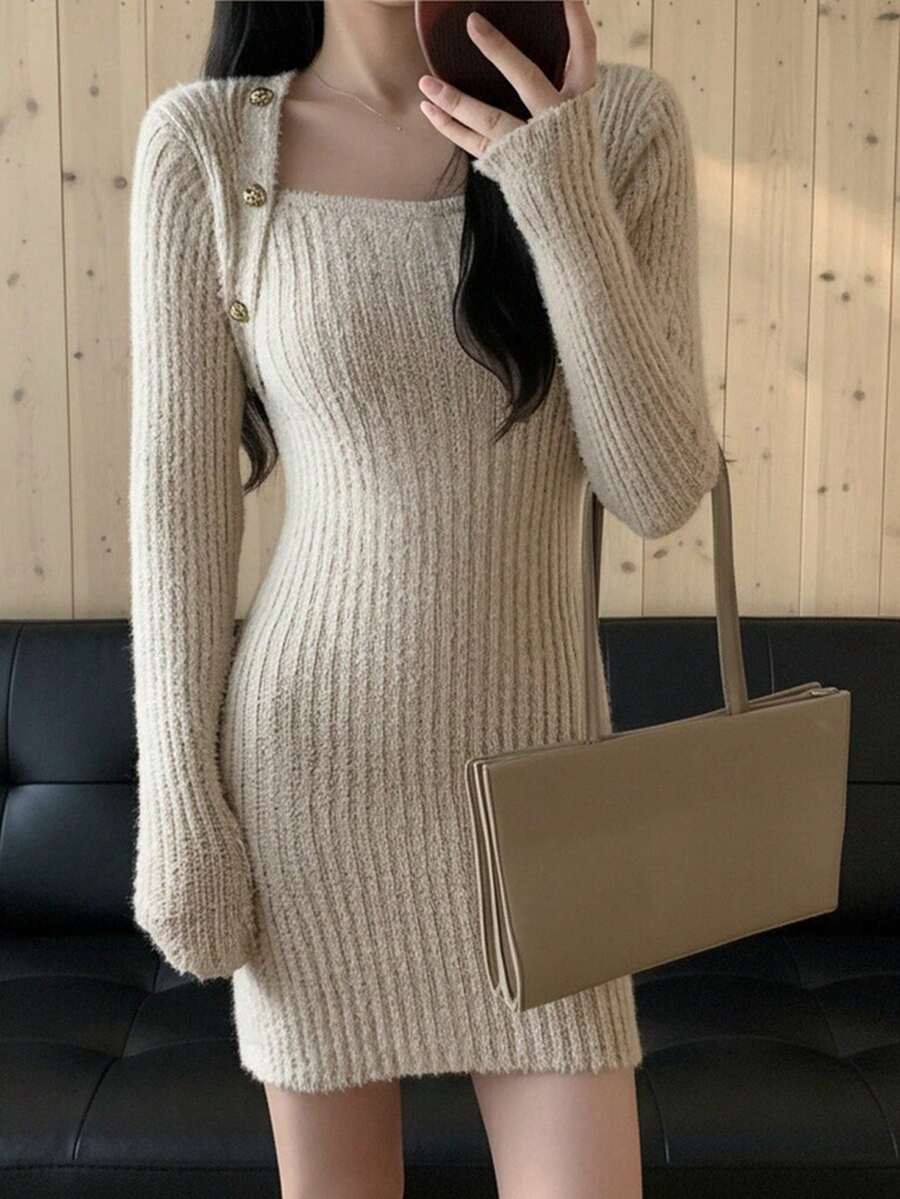 女士秋冬优雅修身毛衣连衣裙 - 灰杏色 - 查看 1