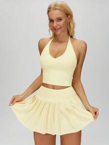 MASKERT Women's High-Waisted Pleated Sports Mini Skirt, Built-In Shorts For Anti-Exposure, Side Button Pocket, For Tennis And Fitness - Light Yellow - View 6