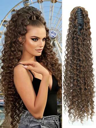 24 英寸深棕色深波浪夹式马尾假发 - 耐热合成纤维，女士自然卷发造型配件，非常适合日常使用以及万圣节和各种派对，日常发型配件丰满卷发耐热纤维，发饰