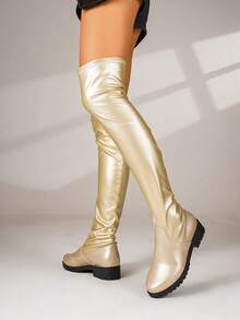 Women's 2024 Autumn/Winter New Arrival Square Toe Low Heel Pleated Leather Pull-On Thigh High Boots - Gold - View 5