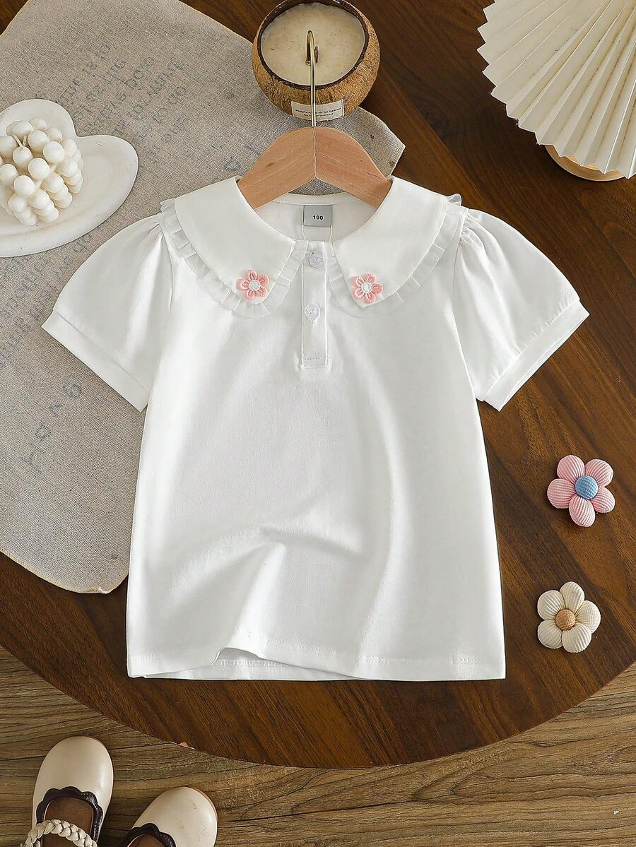Young Girl Floral Embroidery Puff Sleeve T-Shirt - White - View 1